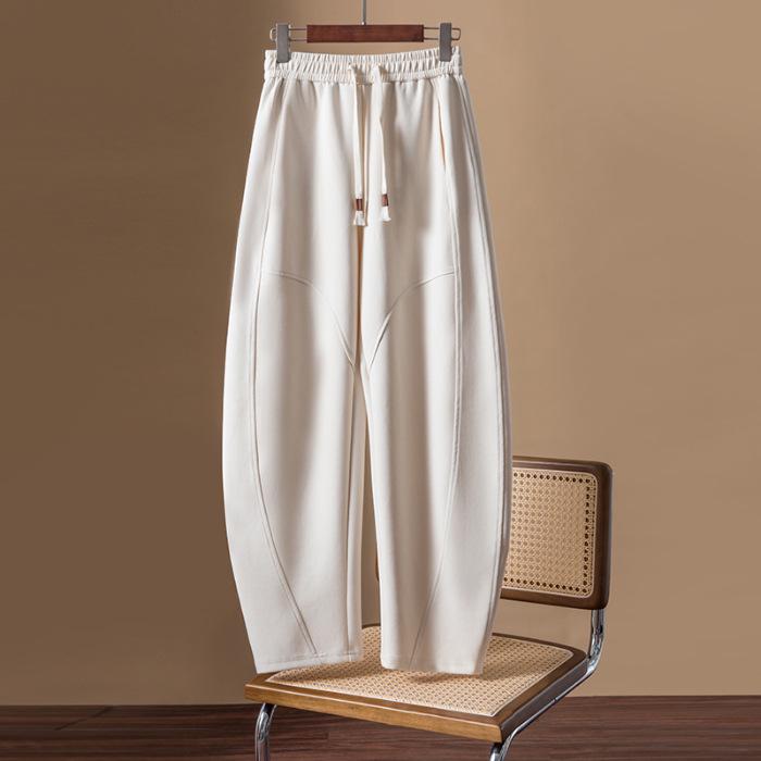 Женские широкие брюки из бархата с высокой талией в корейском стиле 2024 года — коллекция осень/зима с завязками на шнурке и свободным кроем.