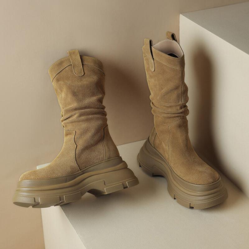 Женские полусапожки на плоской подошве, брендовая обувь 2025 года, модные высокие сапоги из плиссированной замши, зимние повседневные ботинки для ходьбы, женские ботинки