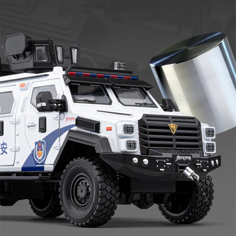 LYZRC 2024 New 1:24 Alloy Police Explosion Proof Car Model Diecasts Metal Sword Toothed Tiger Armored Vehicles Model Sound Light Kids Toys Gift