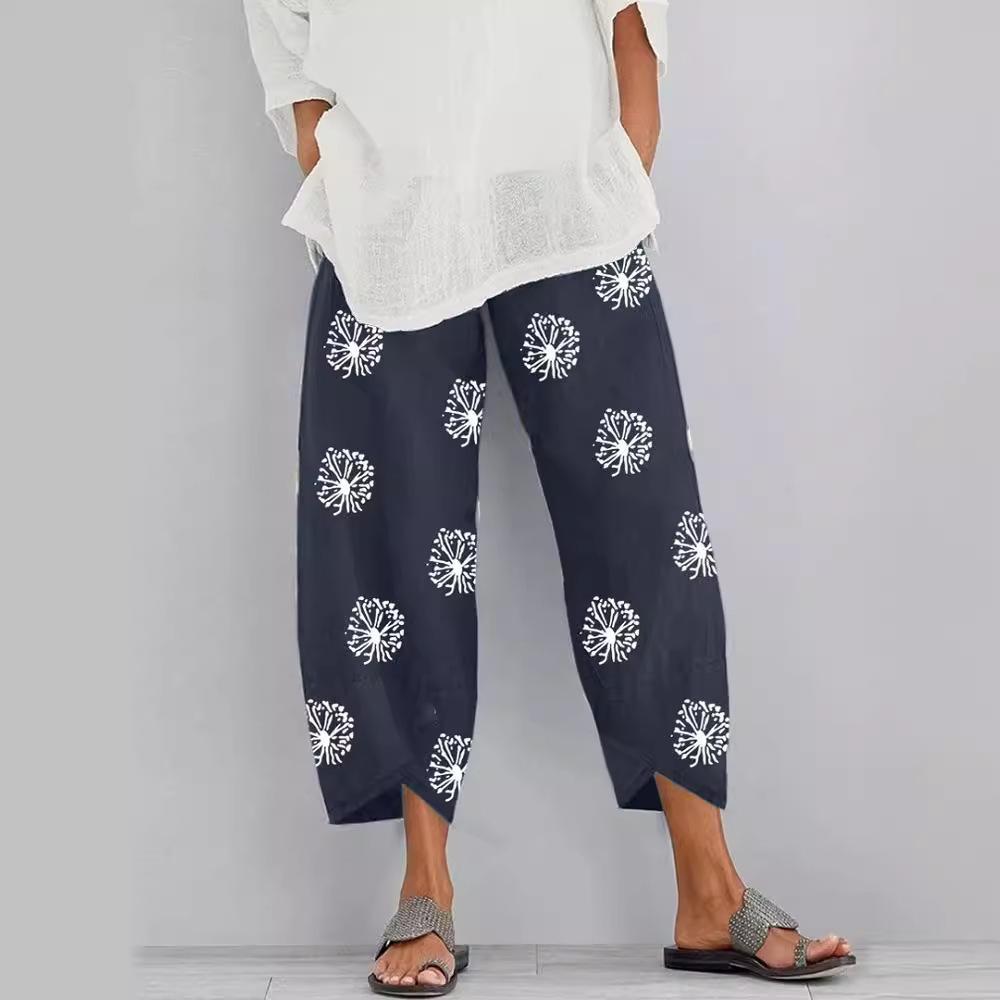 GMXIA Женские модные свободные брюки с принтом одуванчика и эластичным поясом