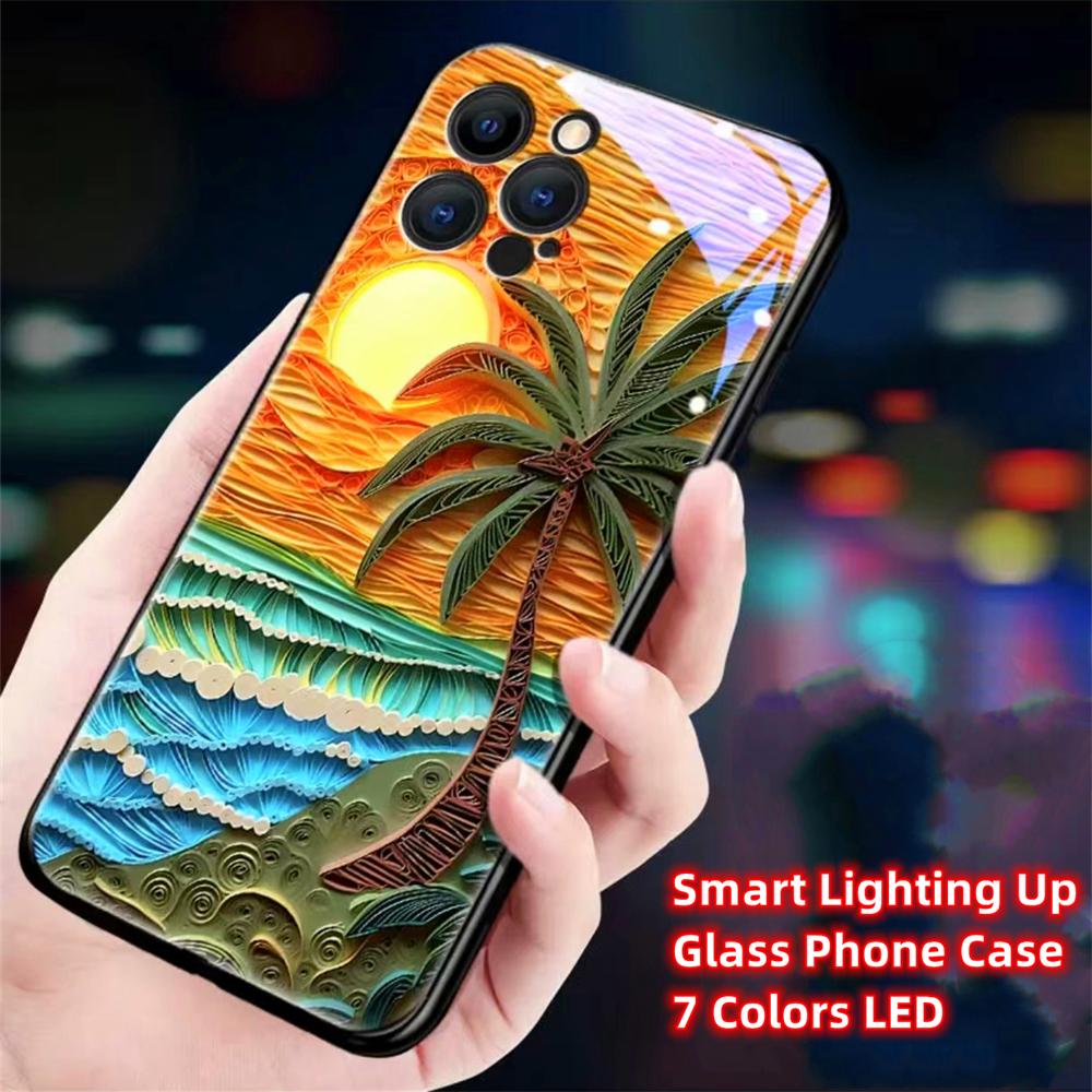 Luminous Phone Case Meteor Beach Luminous Glass LED Call Flash Phone Protective Case Suitable for IPhone