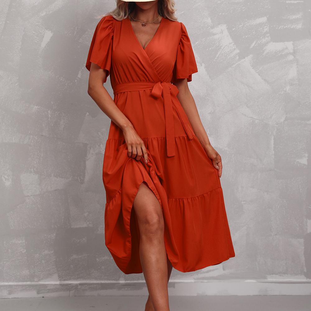 GMXIA Women's Fashion Summer Spring Solid Color Print Short Sleeve V-Neck High Waist Casual Dresses