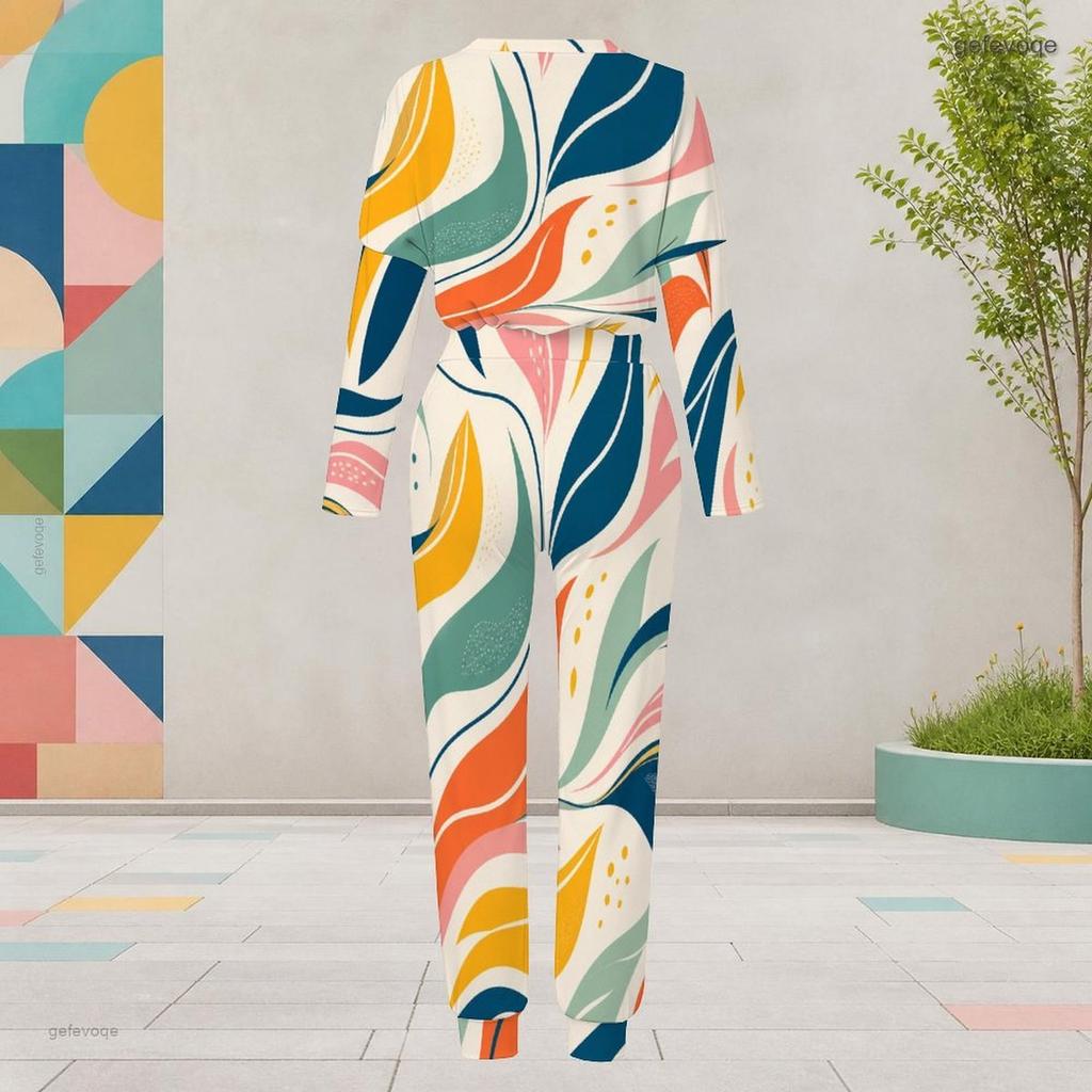 Women Plus Size Colorful Printed Round Neck Long Sleeve Cuffed Top And Pants Two Piece Set