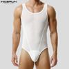 Men Sleeveless See Through Transparent Mesh Sheer Underwear Jumpsuits Bodysuits