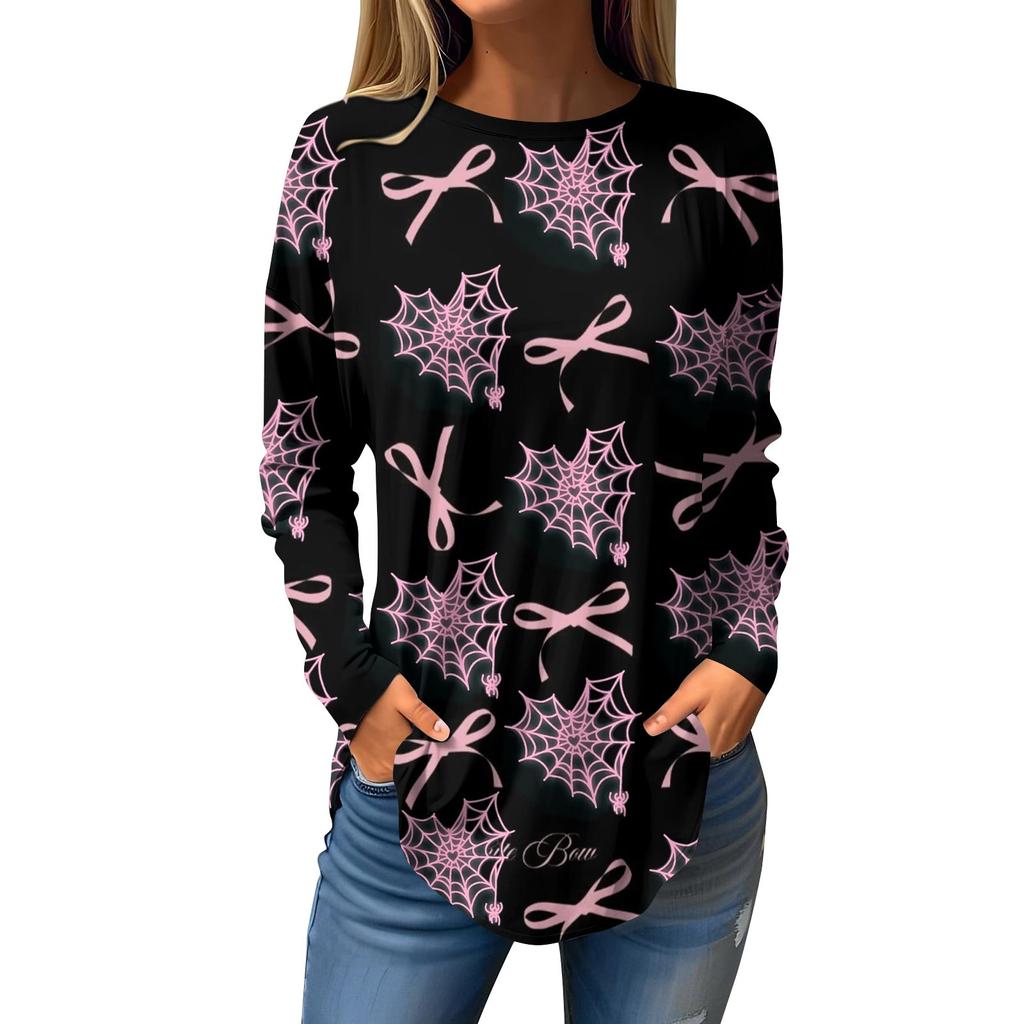 Women's Loose Casual Bow Printed Round Neck Long Sleeved T Shirt Top Pullover Long Sleeved Sweatshirt