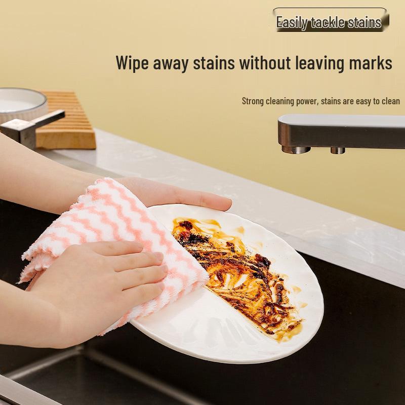 T Kitchen Absorbent Coral Fleece Dish Cloth: Thick, Non-Stick, Lock-Edge Stripes for Strong Cleaning.