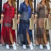 Womens Long Sleeve Casual Loose Button Down Denim Maxi Shirt Dress Plus Size