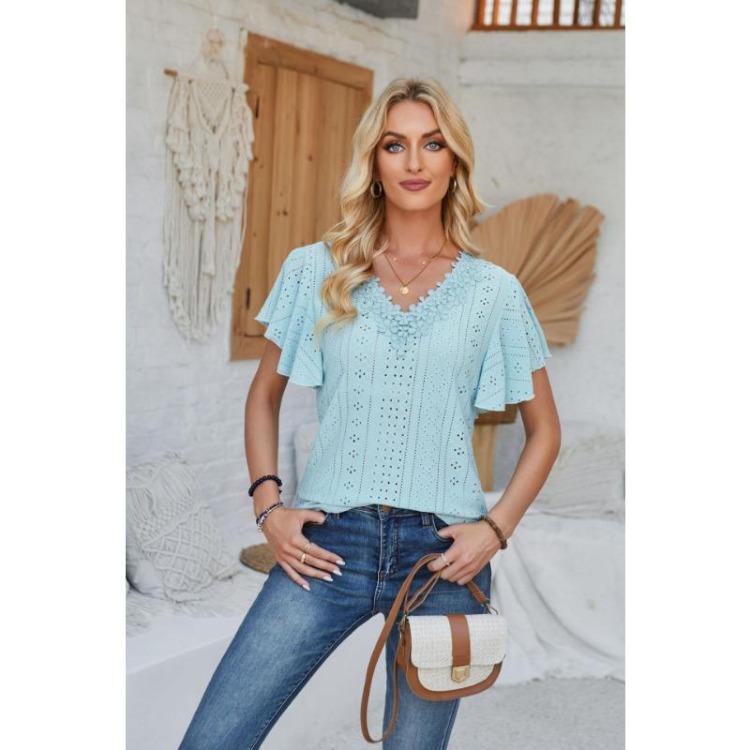 New Fashion Women's Lace V-neck Loose T-shirt Solid Color Ruffled Sleeves Spring Summer