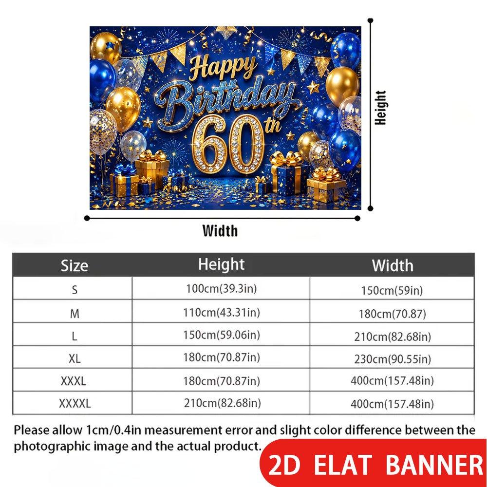 2D Flat Banner, 60th Birthday Backdrop, Blue and Golden Balloons, Gift Boxes, Fireworks