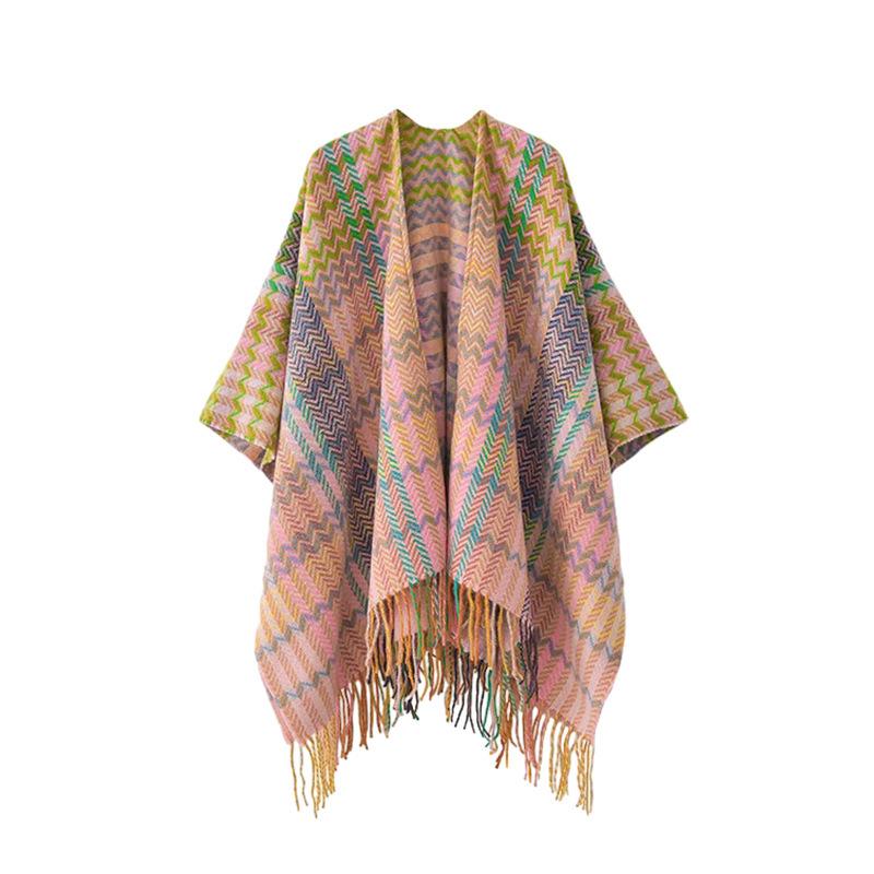 Вязаная шаль с манжетами, волнистый плащ, туристический этнический стиль, шаль с бахромой