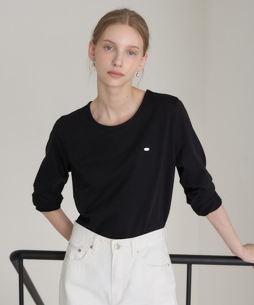 OURHOPE Logo Silky Round Neck Sleeve T-Shirt - Black