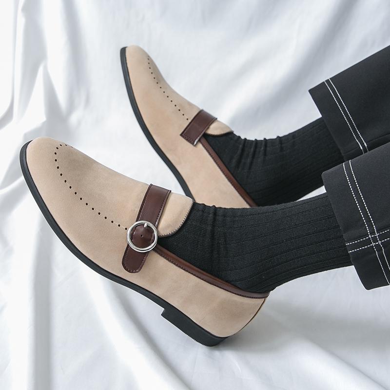Fashion British Style Men's Comfortable Soft Soled Pointed Loafers Spring Brand Men's Side Button Cow Suede Breathable Flat Bean Shoes
