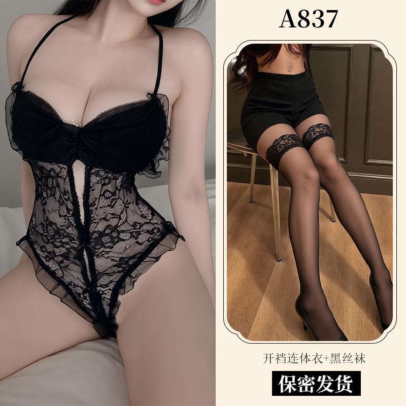 Sexy lingerie sexy suspender lace seduction hollowed out open onesie hot uniform pajamas women's suit