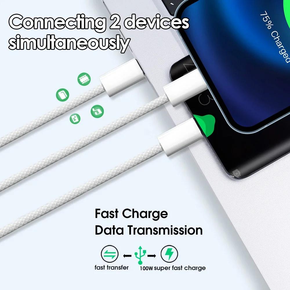 2 In 1 Dual Type C Cable 100W Fast Charging Wire Cord for Iphone 15/15 Pro/15Pro Max Samsung Xiaomi Huawei USB C Nylon Cable
