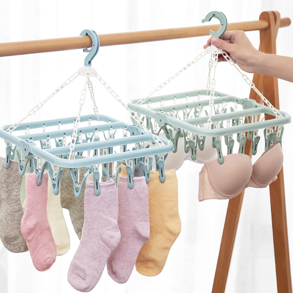 Laundry Hanger with 32 Clips Foldable Laundry Clothespin Drying Rack for Socks Underwear Bras ScarfBlue