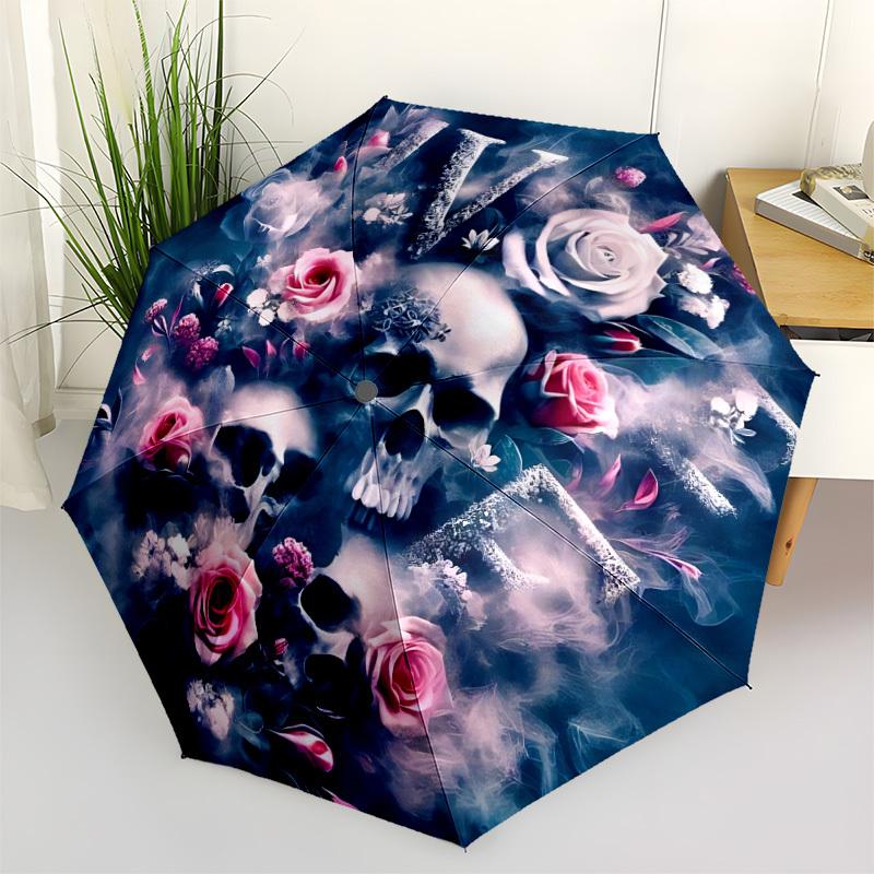 1pc Skull Floral Design Automatic Folding Umbrella, 8-Rib Iron Frame, Casual Outdoor Accessory for Birthday Festival Gifts yy251128184