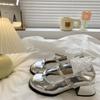 Coarse Heel French Mary Jane Shoes 2025 New Summer Light Mouth with Skirt Fairy Style Silver Round Head Small Leather Shoes
