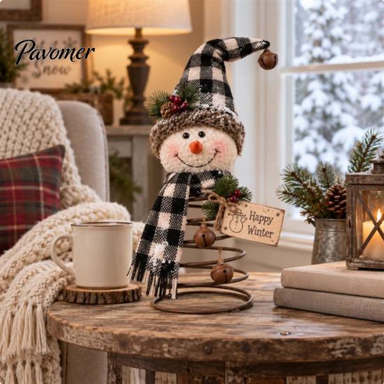 Handmade Christmas Crafts Snowman Tree Topper with Spring Base, 9.84 Inch Autumn Holiday Shelf Sitters Party Tabletop Ornament, Fall Harvest