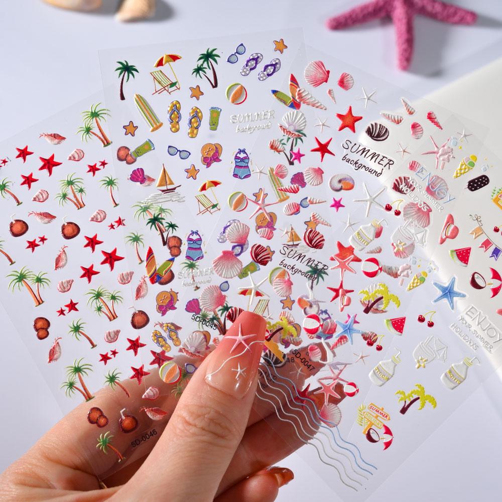 Морская звезда, 1 лист, летняя морская ракушка, 5D наклейка для ногтей, гравировка, наклейки для ногтей, пляжные наклейки в виде медузы, слайдер для ногтей в форме ракушки