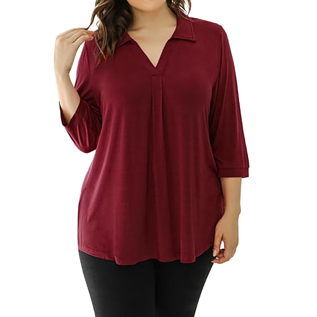 Women's Summer Chiffon Loose 7-quarter Sleeve V-neck Plus Size Shirt
