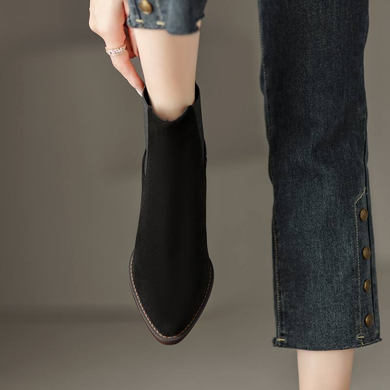 Krazing Pot Зимние ботинки челси из коровьей замши с круглым носком на толстом низком каблуке, увеличивающие рост, женские ботильоны, большой размер 41