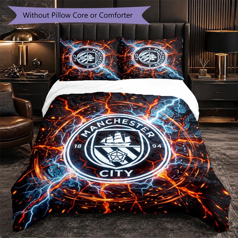 Manchester City Pattern 3 Pieces Bedding Set Soft Microfiber Duvet Cover with Pillow Cases for Bedroom