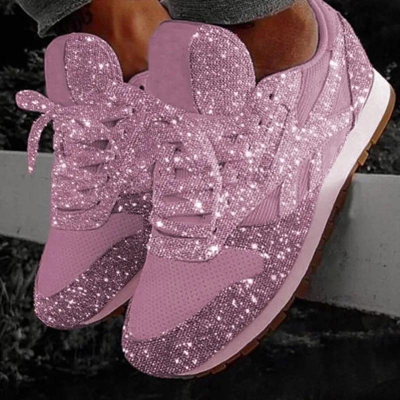 Shiny Glitter Sport Shoes Breathable Bling Casual Sneakers Women Spring Summer Ladies Red Blue Comfort Lace Up Running Shoes