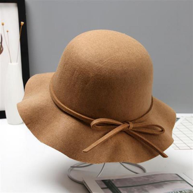 Autumn and winter wavy edge bow strap woolen hat basin hat retro casual versatile temperament top hat woman