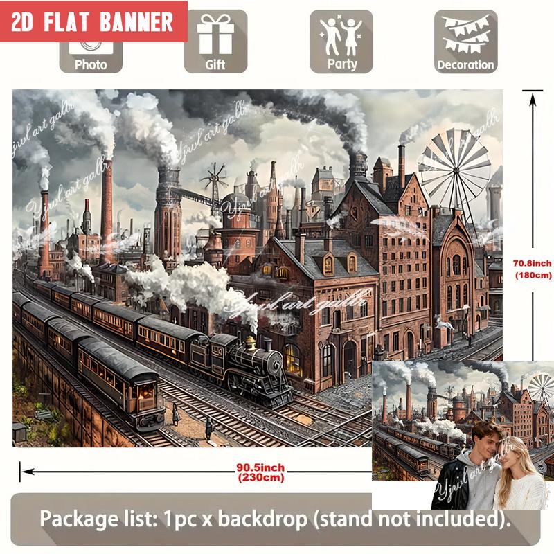 1pc Industrial Revolution Theme Party Decoration Banner, Brick Factory Buildings with Smoking Chimneys and Steam Train Design, for Wedding Birthday