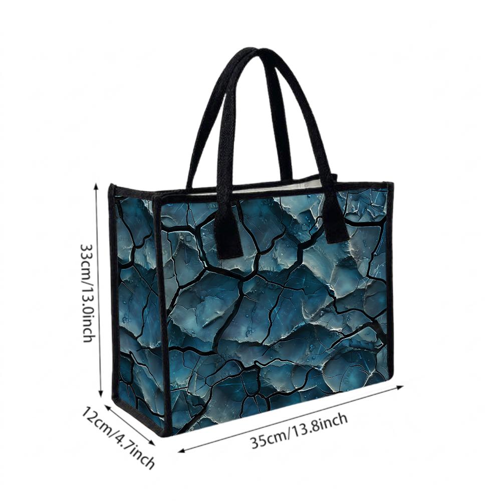 Blue Cracked Print Tote Bag Casual Daily Shoulder Bag for Women Lightweight Reusable Shopping Bag