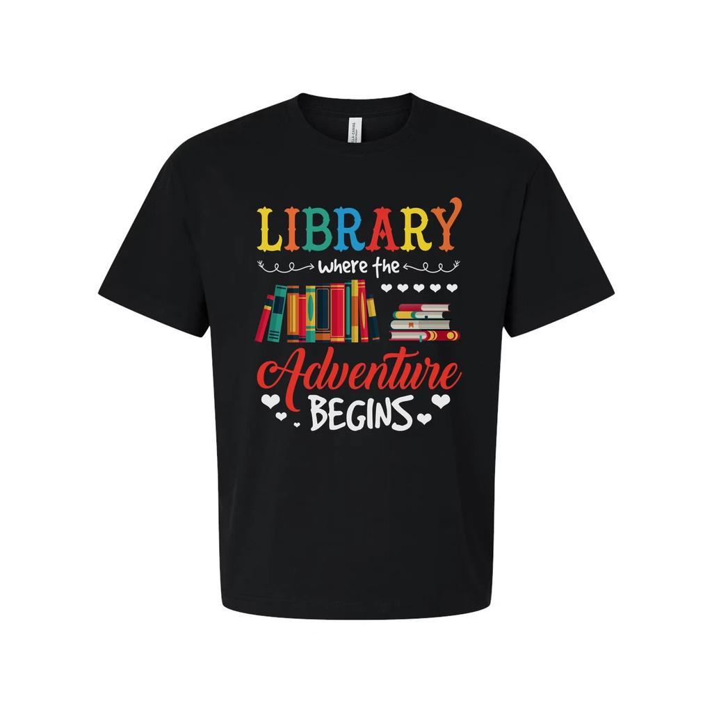 Unisex Library Adventure Graphic Tee With Colorful Books Stack And Hearts Design