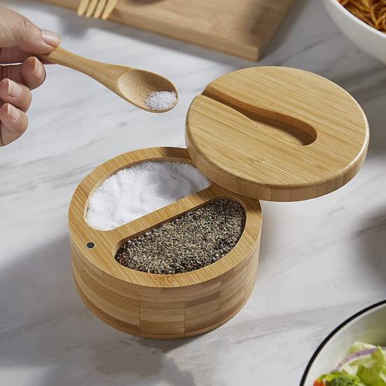 Bamboo Salt Cellar Seasoning Jar with Built-in Spoons Salt Container for Kitchen Swivel Lid Spice Box for Countertop