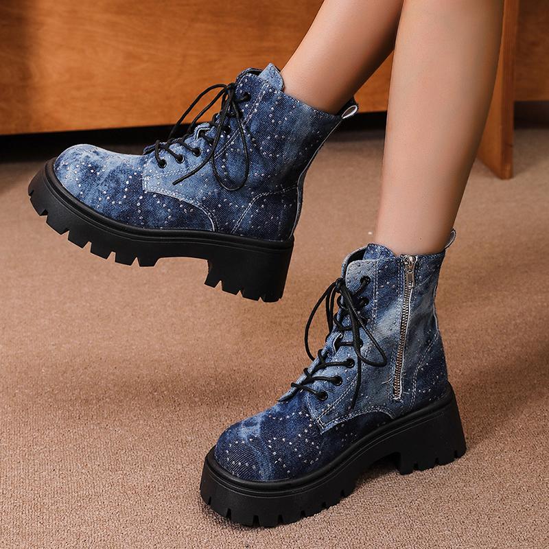 Мода Модные Платформа Джинсовые Ботильоны Женские Кристалл Толстый Каблук Короткие Сапоги Женские Толстые Ботинки Мотоциклетные Ботинки Нескользящие Женские