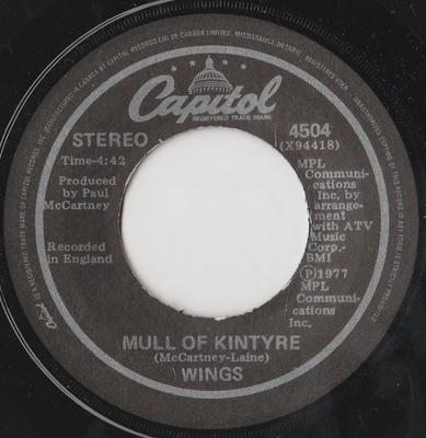 7-дюймовая пластинка WINGS (2) - Малл-оф-Кинтайр 4504 Capitol Records 1977 Канада Рок Б/у