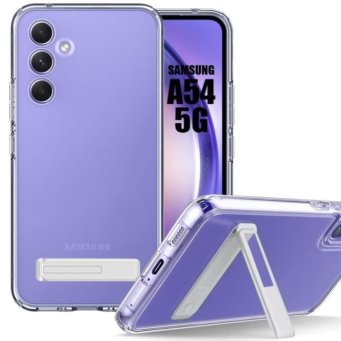 Coque Silicone pour Samsung Galaxy A54 5G Protection Antichoc Transparent avec Support Argenté