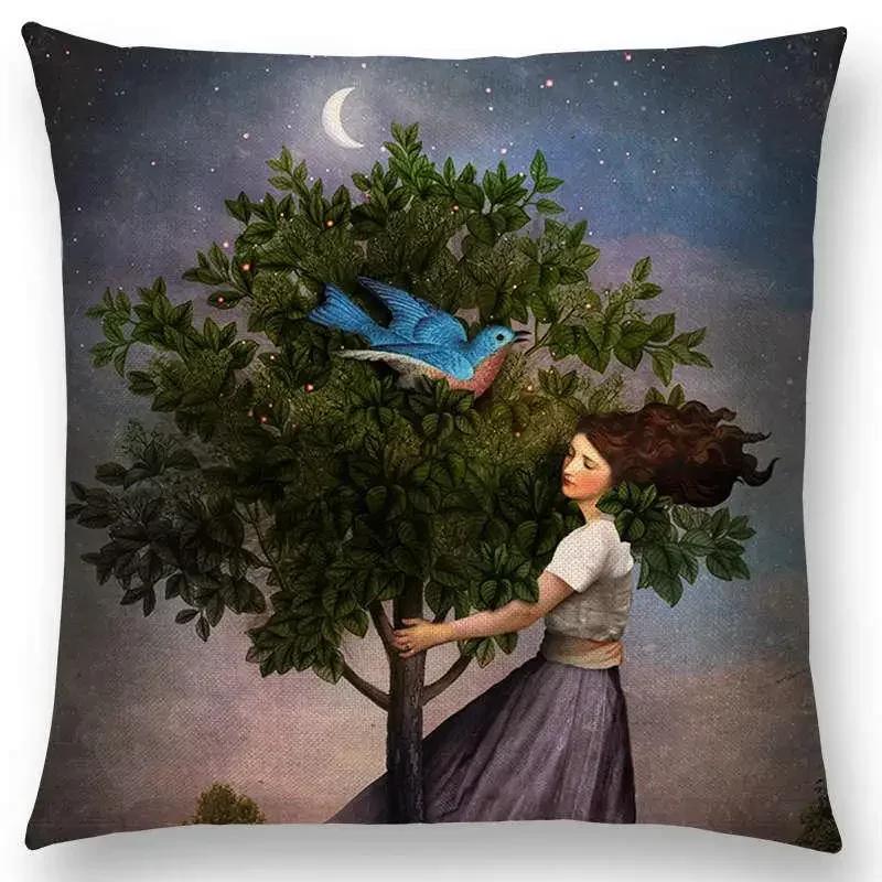45x45cm Elegant Women Lovely Girl Shakespeare Fantasy Painting Moon Night Swan Dream Tree Cushion Cover Sofa Throw Pillow Cover