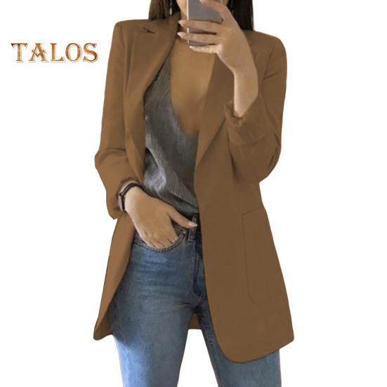 Женский пиджак с лацканами, длинный рукав, открытый спереди, однотонный пиджак в городском стиле, весна-осень, деловая верхняя одежда