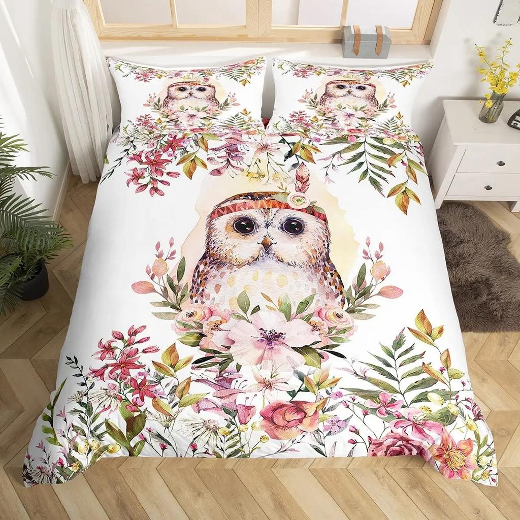 Owl Duvet Cover Bird Decor Bedding Set Printed Comforter Cover for Boys Girls Children Teens Bedroom Decor with 2 Pillow Case