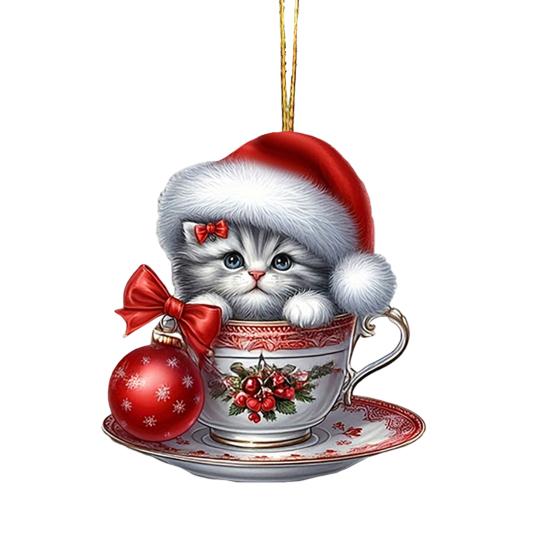 Acrylic Teacup Cat Hanging Ornaments Cute Cartoon Cat Christmas Ornament 2D Flat Car Mirror