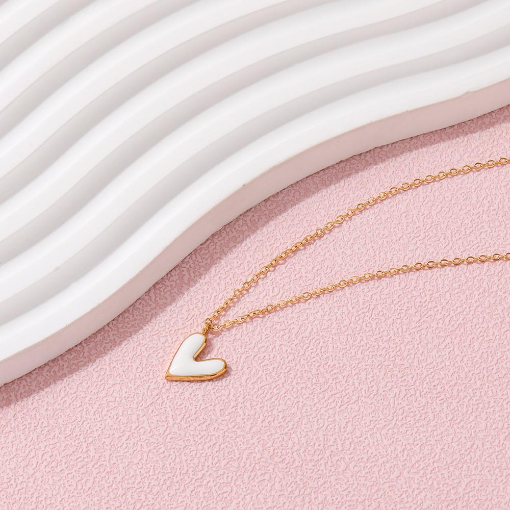 Fenny 18K Gold Plated Ready to Ship Simple Fashion Heart White Enamel Pendant Necklace Stainless Steel Jewelry