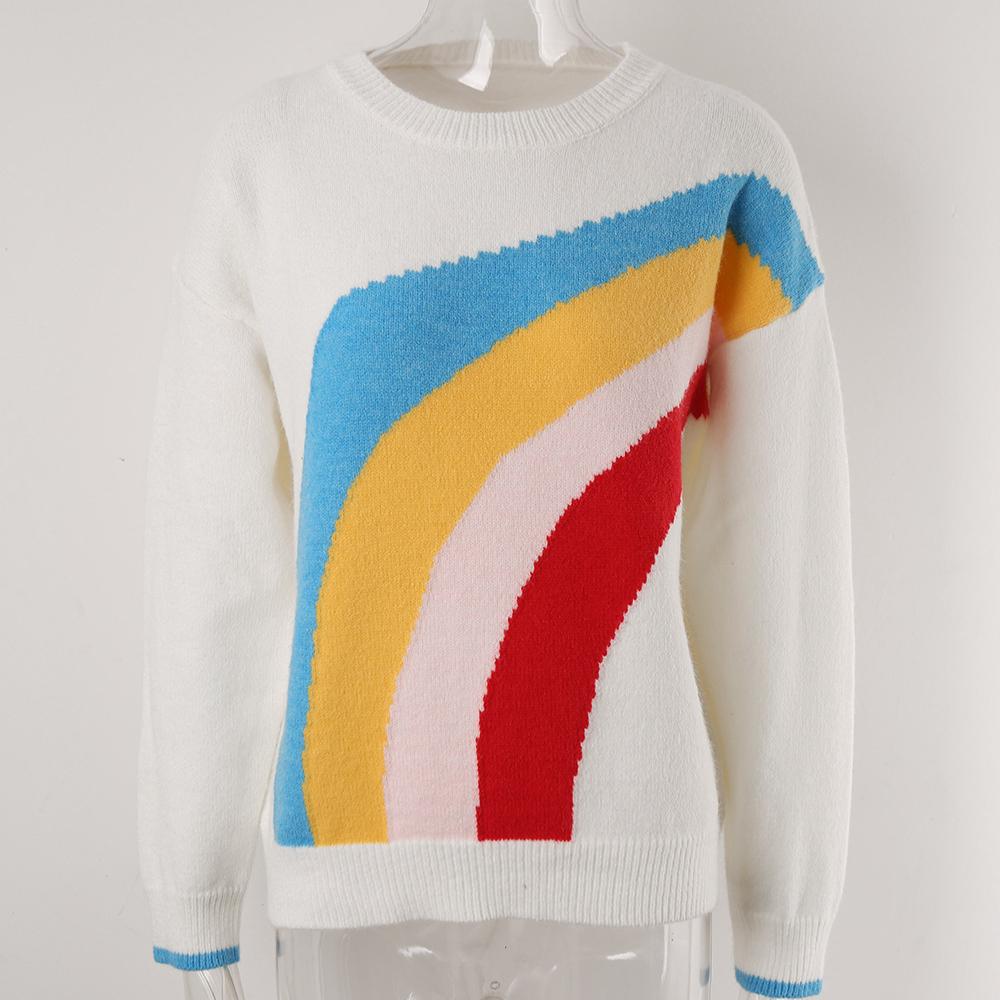 Осенне-зимний женский свитер-пуловер с длинным рукавом, с радужными полосками, модный свитер, трикотаж