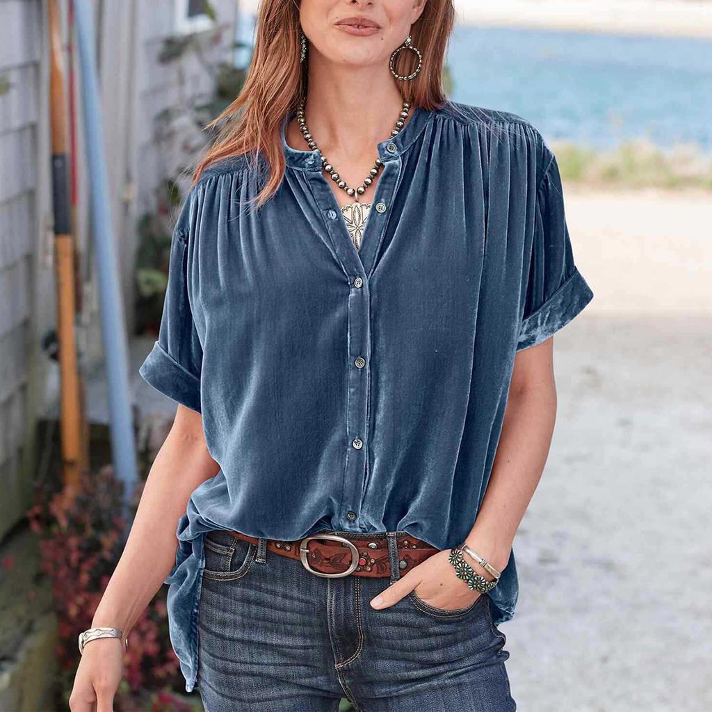 Модные топы из золотистого бархата, однотонная рубашка с короткими рукавами и круглым вырезом