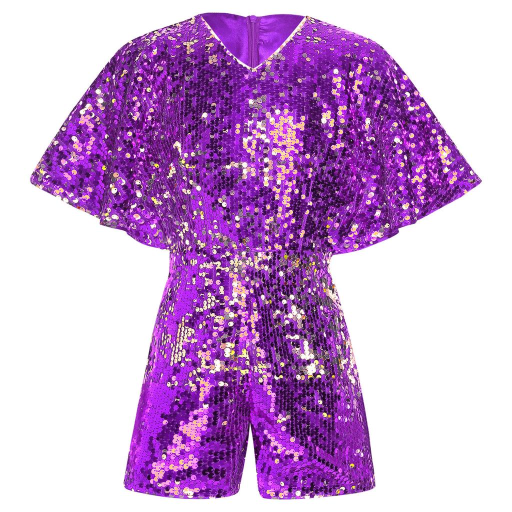 Девушки Блестящий Комбинезон с Пайетками V-образный вырез Рукав-колпачок Боди Костюм для Выступлений на Сцене на День Рождения