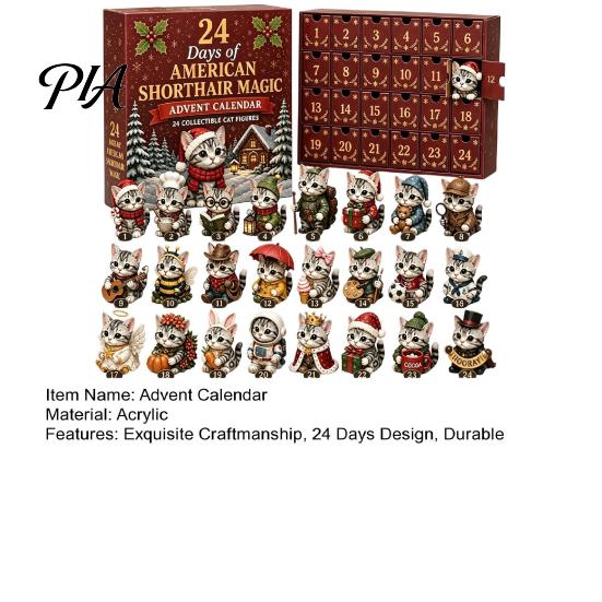 Festive Window Display 24 Days Christmas Advent Calendar with Acrylic Cat Figurines, Countdown Lover Holiday Present for Lovers, Decorative Miniature