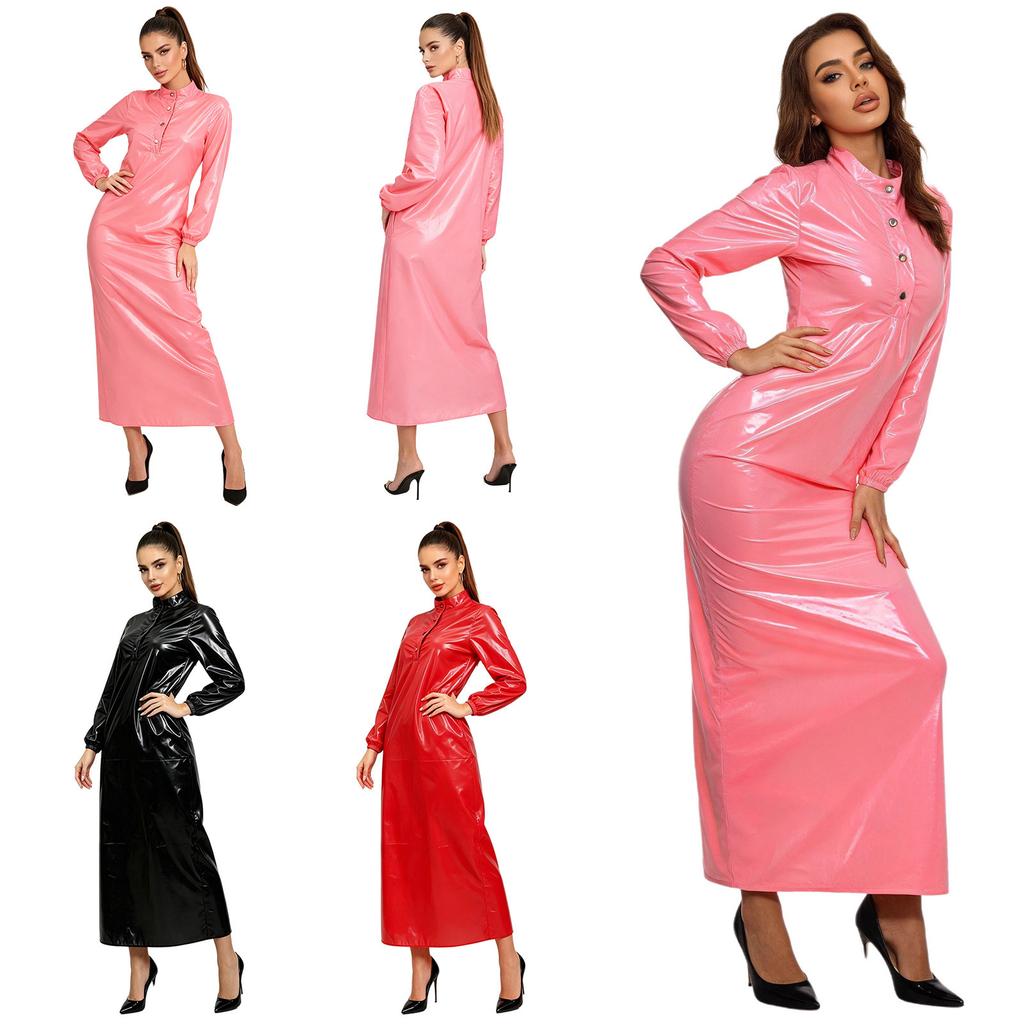 Stand Collar Button Placket Long Sleeve Glossy Vinyl Sleep Dress for Women Waterproof Cover Up Swimwear Rave Club Outfit