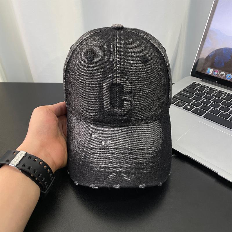Washed denim hat for men, Korean style vintage sunshade baseball cap, fashionable and versatile, embroidered soft-top distressed duckbill cap for