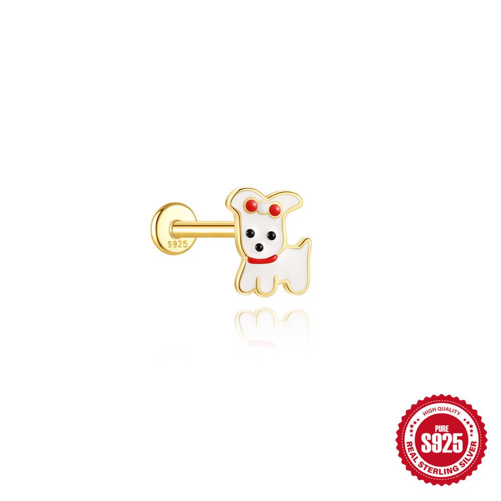 S925 Sterling Silver Cartoon Animal Ear Bone Stud Oil Drop Flat Head Threaded Piercing New Small Cute Fun Trendy Ear Jewelry