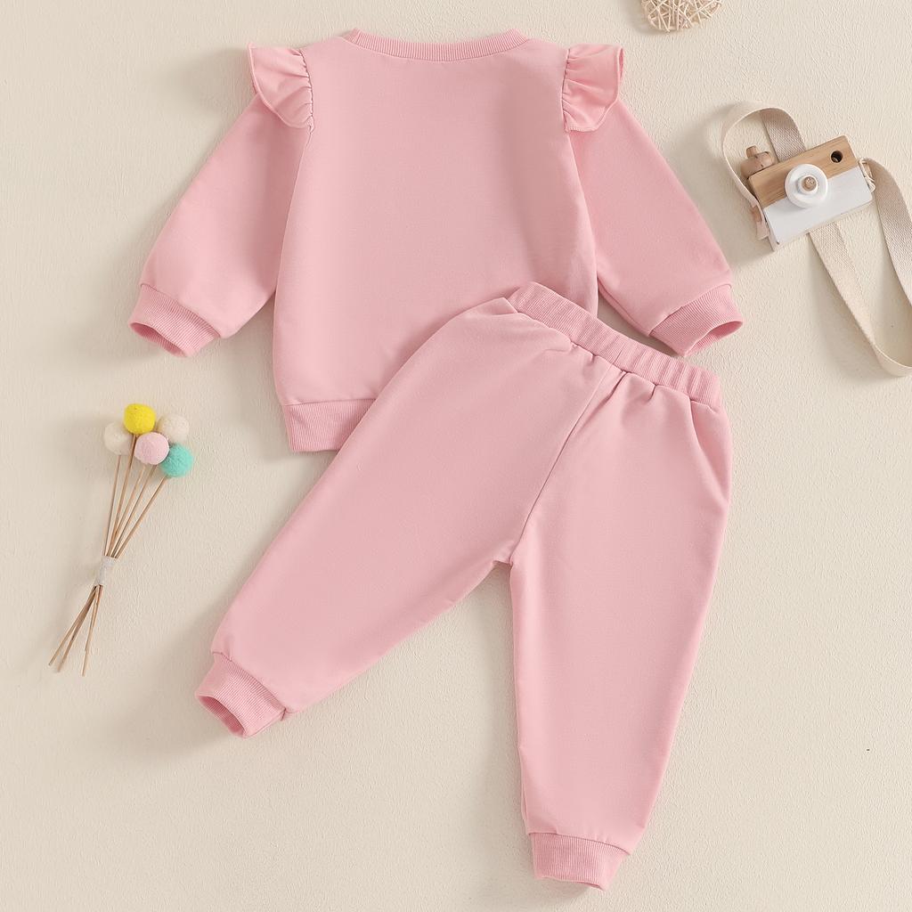 Осенний наряд для девочки, летающий топ с длинными рукавами и круглым вырезом, принтом в виде букв и сердец, с пайетками и брюками с галстуком-бабочкой