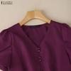 ZANZEA Женская повседневная однотонная блузка с V-образным вырезом и коротким рукавом