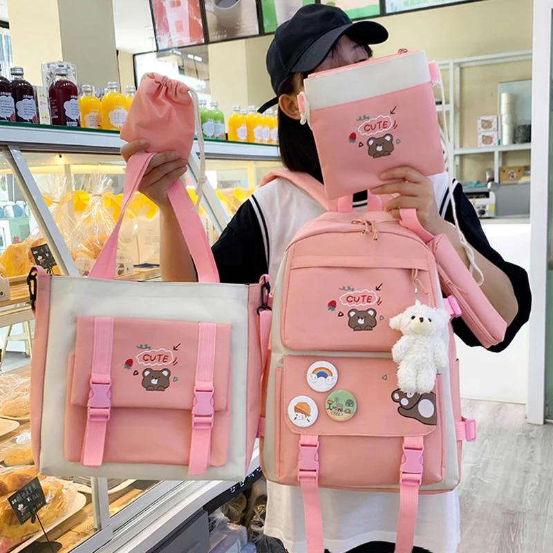 5 шт./компл. милые школьные сумки для девочек рюкзак детский двойной плечевой мешок ткань Оксфорд сумка портмоне пенал сумка через плечо